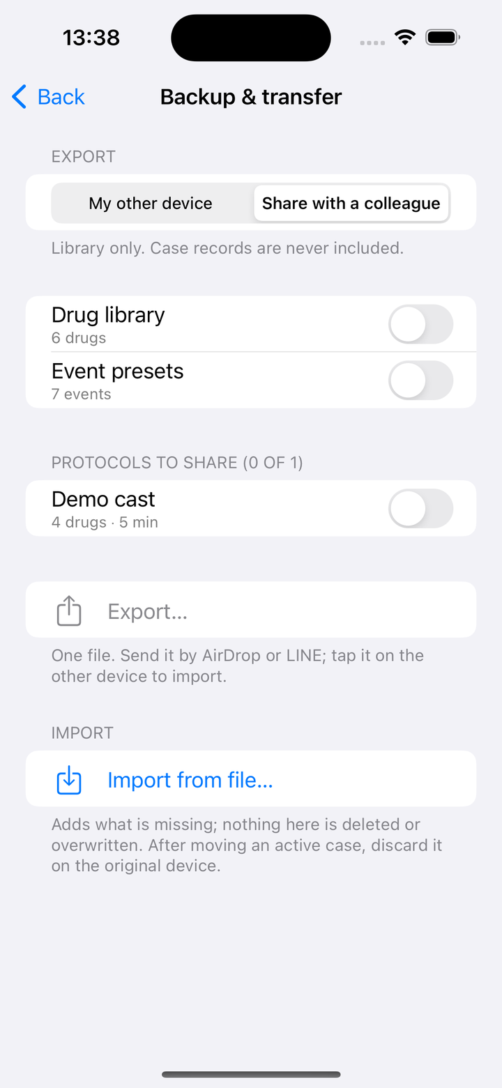 Backup & transfer の Share with a colleague 側。「Library only. Case records are never included.」の注記があり、Drug library・Event presets のトグルと PROTOCOLS TO SHARE の一覧。