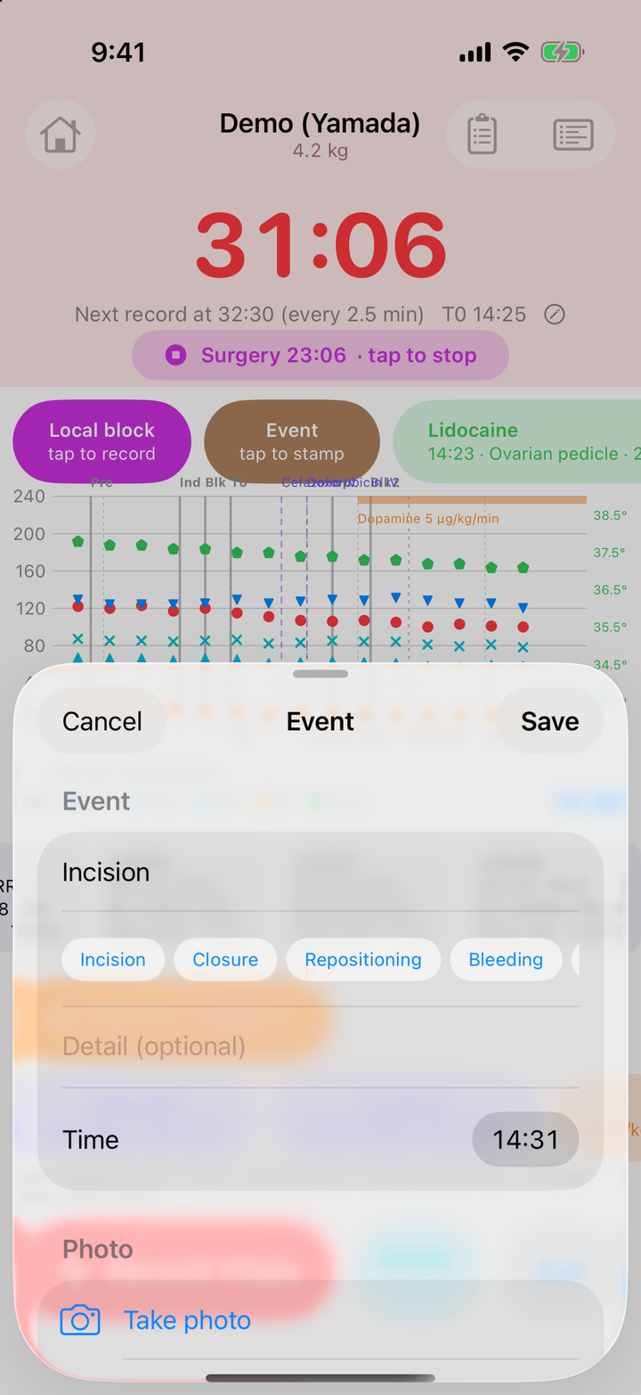 Event シート。EVENT に Incision、その下にタグのような選択肢（Incision・Closure・Repositioning・Bleeding）、Detail (optional)、Time 13:18、下に Delete this event。