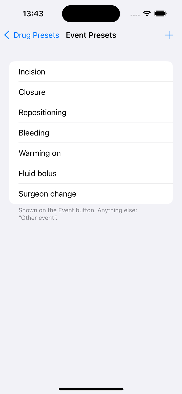 Event Presets 画面。Incision・Closure・Repositioning・Bleeding・Warming on・Fluid bolus・Surgeon change の7項目が縦に並ぶ。