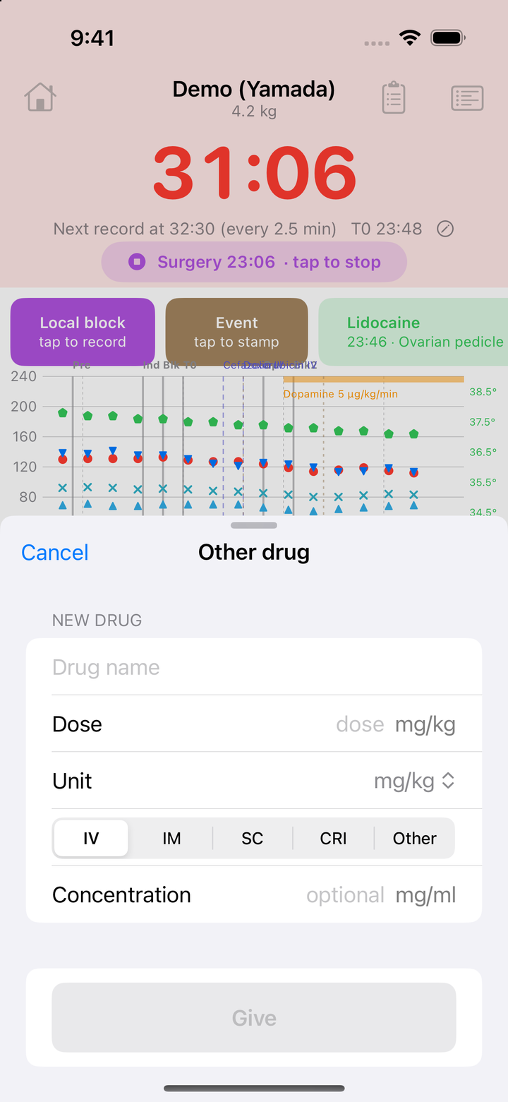 Others シート。上部に NEW DRUG として Drug name・Dose・Unit・投与経路の IV/IM/SC/CRI/Other・Concentration の入力欄があり、下に Give ボタン。