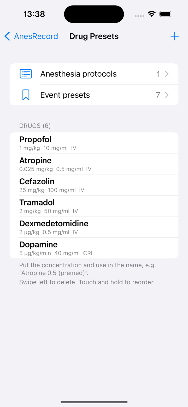 Drug Presets 画面。上部に Anesthesia protocols と Event presets への行、その下に DRUGS (6) として Propofol・Atropine・Cefazolin・Tramadol・Dexmedetomidine・Dopamine がそれぞれ用量・濃度・投与経路つきで並ぶ。最下部に「名前に濃度と用途を入れる」旨の注記。