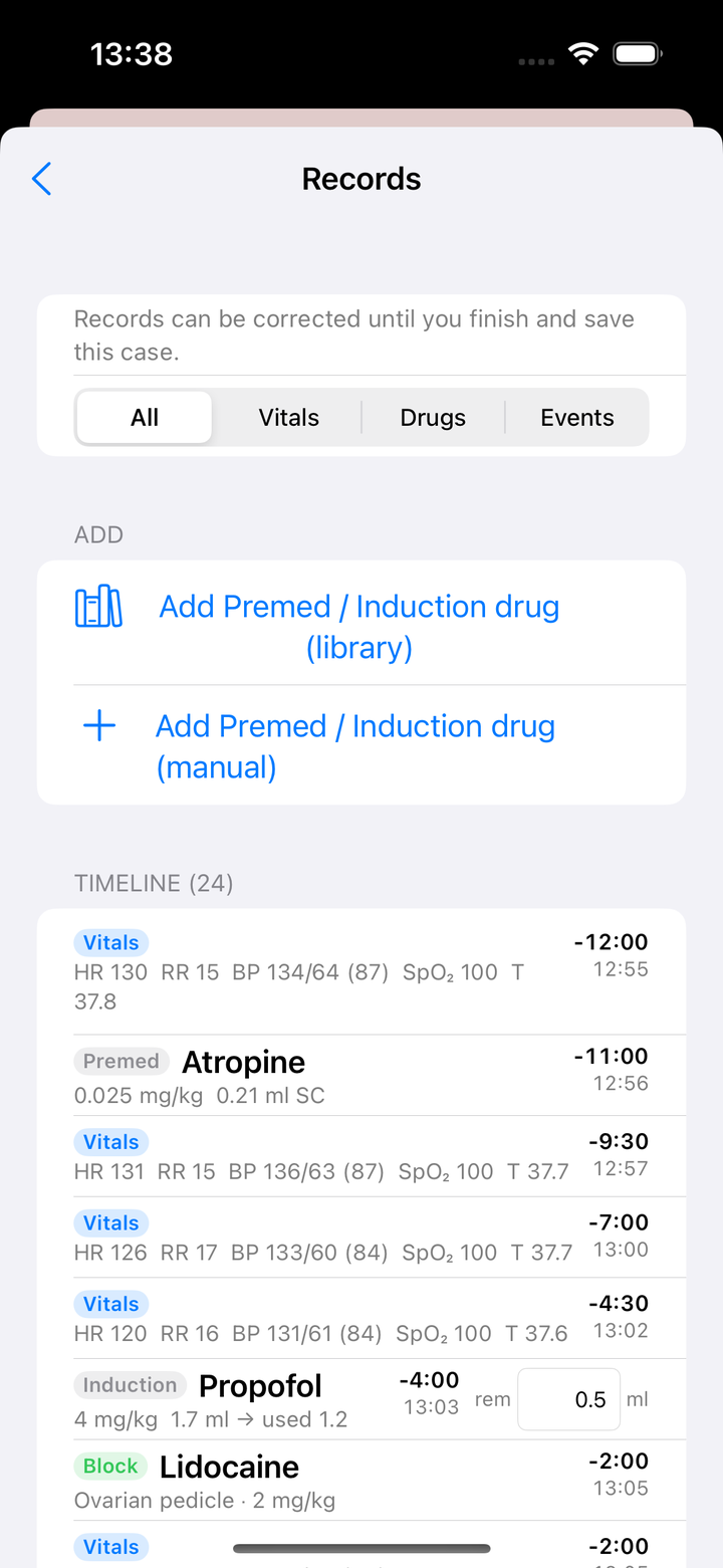 Records シート。「Records can be corrected until you finish and save this case.」の注記、All/Vitals/Drugs/Events の絞り込み、ADD に Add Premed / Induction drug の2つ、TIMELINE (24) にバイタルと投薬が時刻つきで並ぶ。