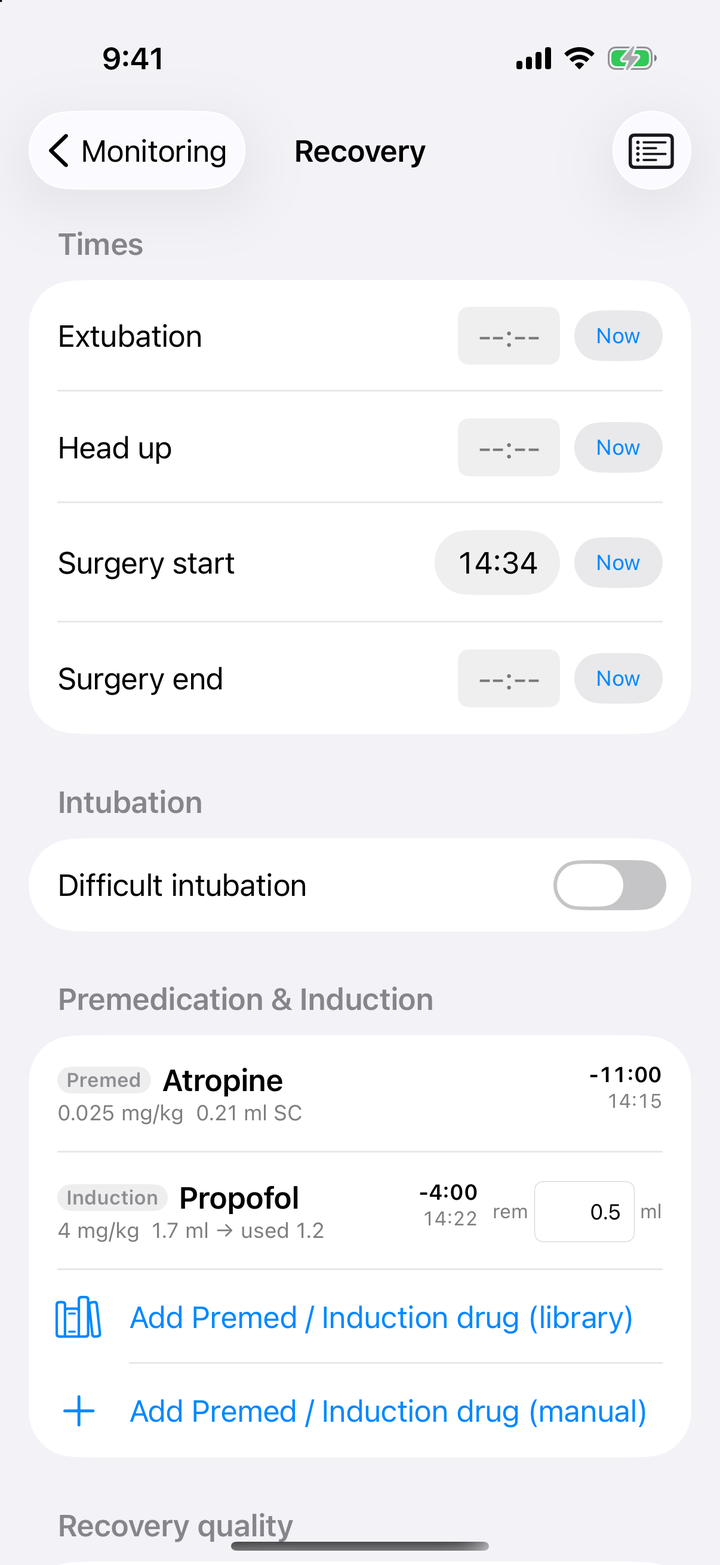 Recovery 画面。TIMES に Extubation と Head up、INTUBATION に Difficult intubation のトグル、PREMEDICATION & INDUCTION に Atropine と Propofol、RECOVERY QUALITY の4択（Good が選択）、POST-ANESTHESIA VITALS の入力欄。